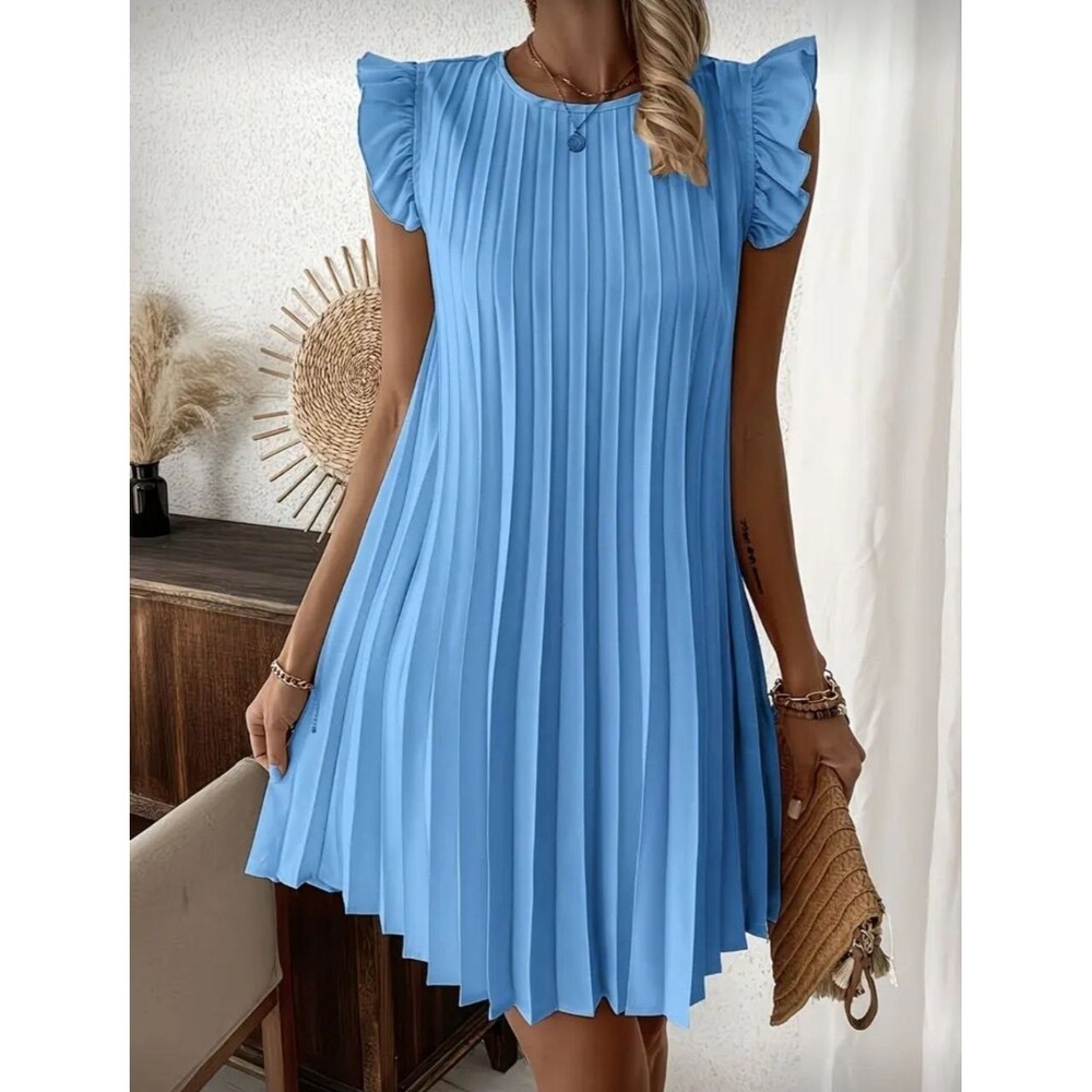 TEMU Blue Floral Midi Dress Sleeveless Ruffle Pleated XXL